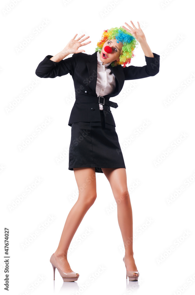 Fototapeta premium Businesswoman in clown costume on white