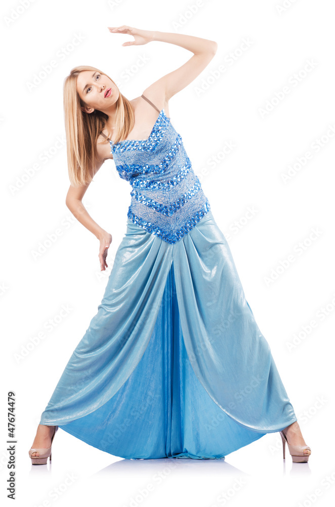 Attractive woman in blue dress on white