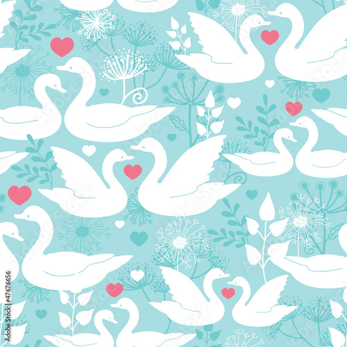 Swans in love vector seamless pattern background with hand drawn