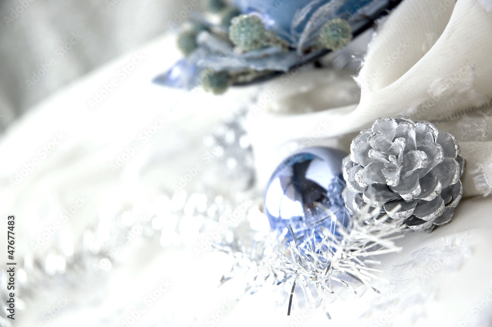 pine cones and blue ornaments