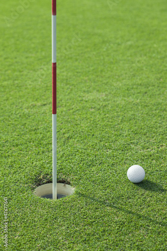 putter puts a golf ball to hole on green of golf course