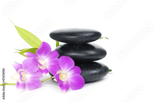 zen stones with pink orchid and bamboo leaf on white background