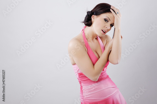 woman in the pink dress