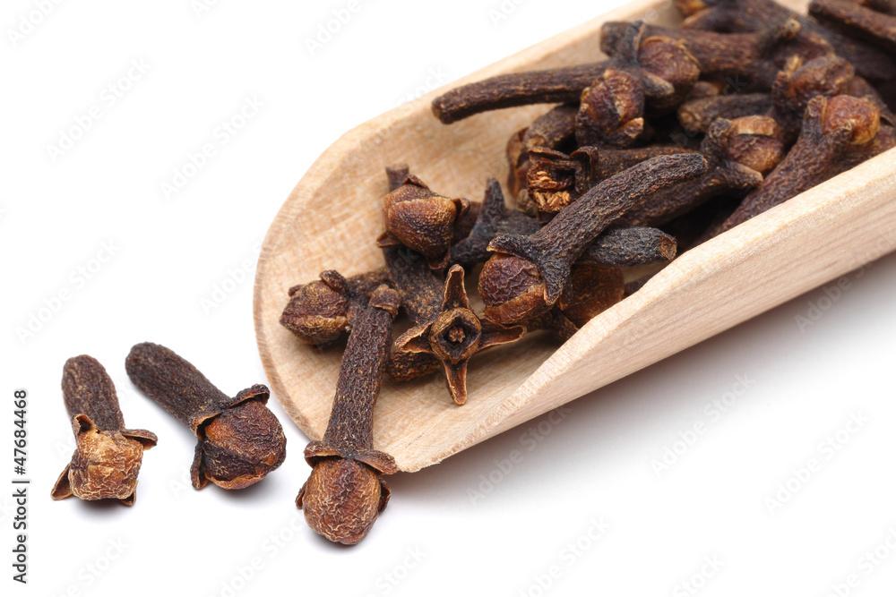 Obraz premium Carnation (spices) in a wooden spoon isolated on the white