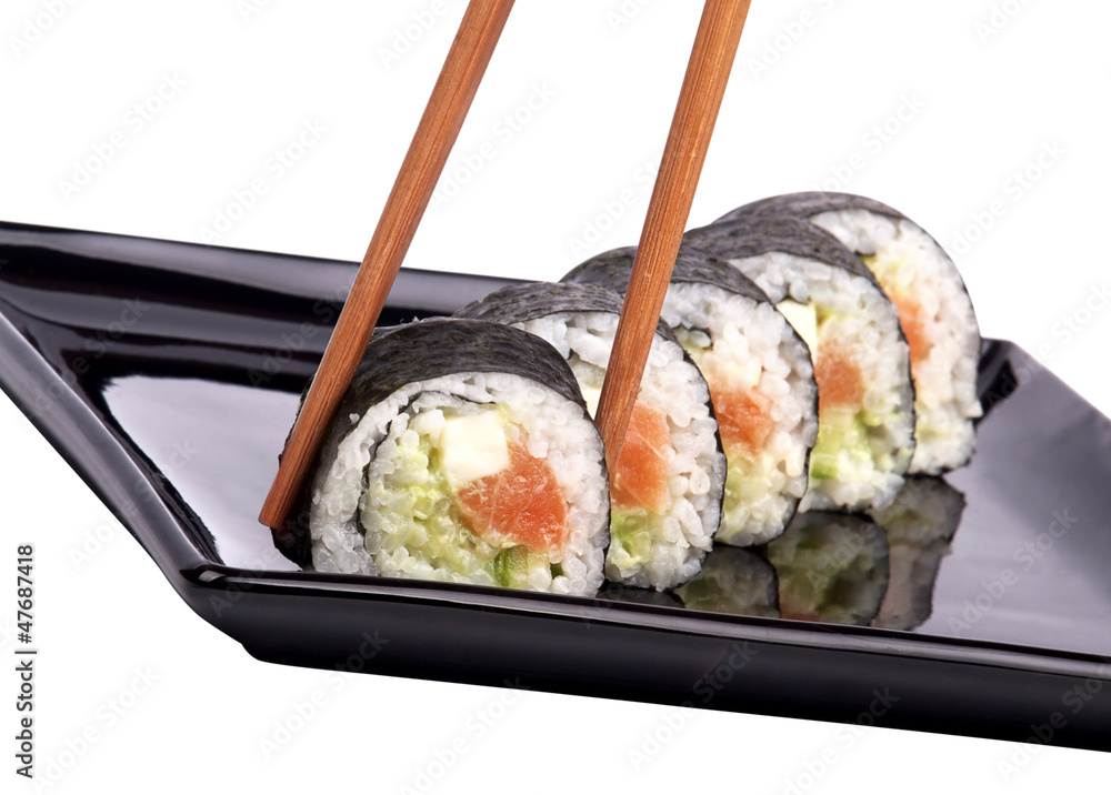 Sushi - Roll with chopsticks isolated Sushi - Roll with chopsticks isolated