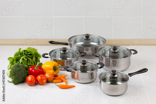 Set of stainless pots and pan with glass lids