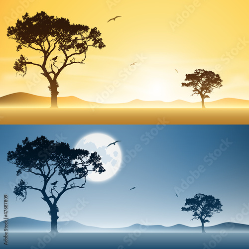 Two Landscapes Day and Night with Moon and Sunset, Sunrise