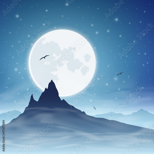 A Mountain with Moon and Night Sky