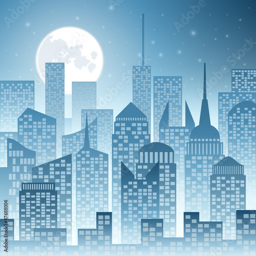 A Cityscape with Skyscrapers and Moon