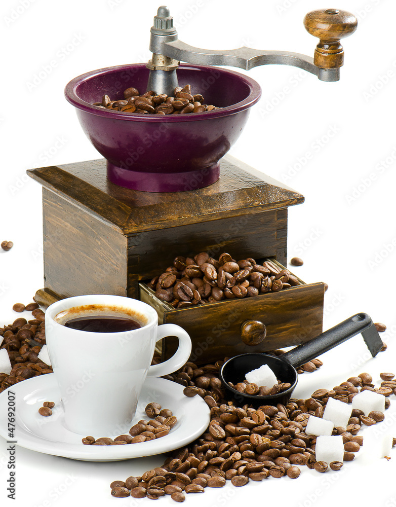 Coffee and old-fashioned coffee grinder