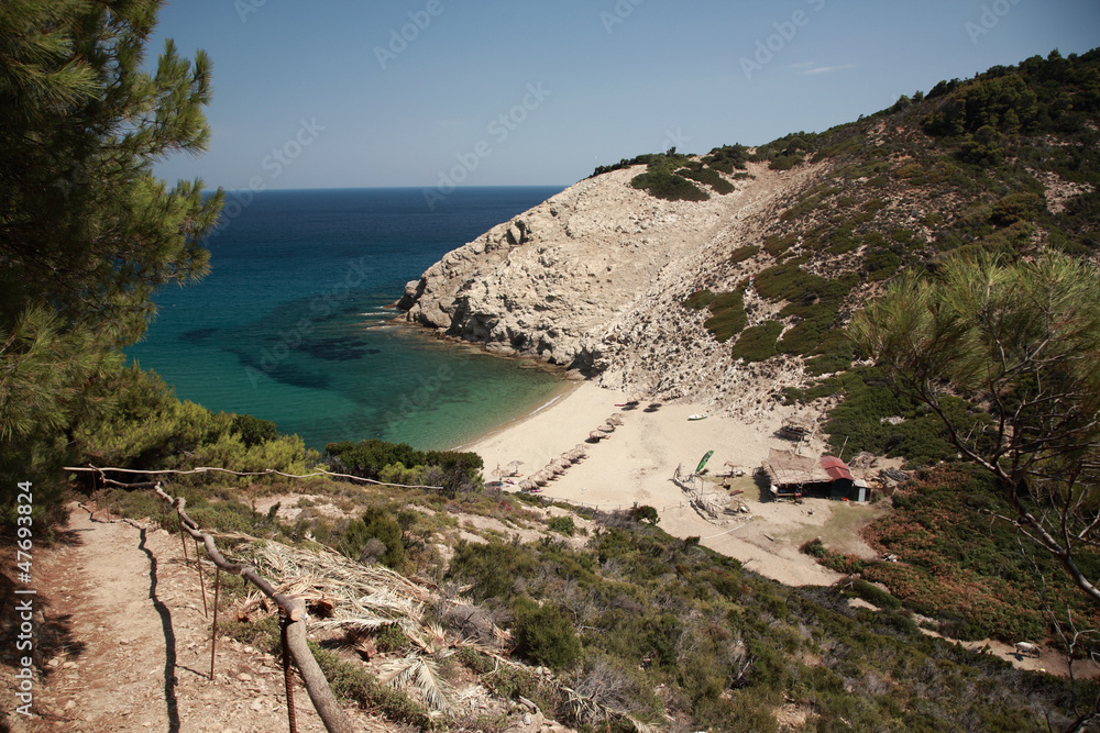 View down to a secluded Skiathos beach