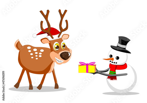 Snowman give gift to Reindeer
