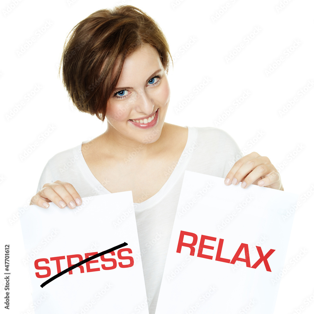 Woman shows her concept sign- stress and relax Woman shows her concept sign- stress and relax