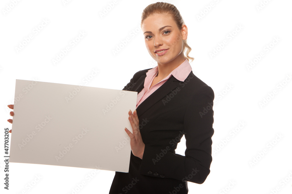 Business woman holding blank white card