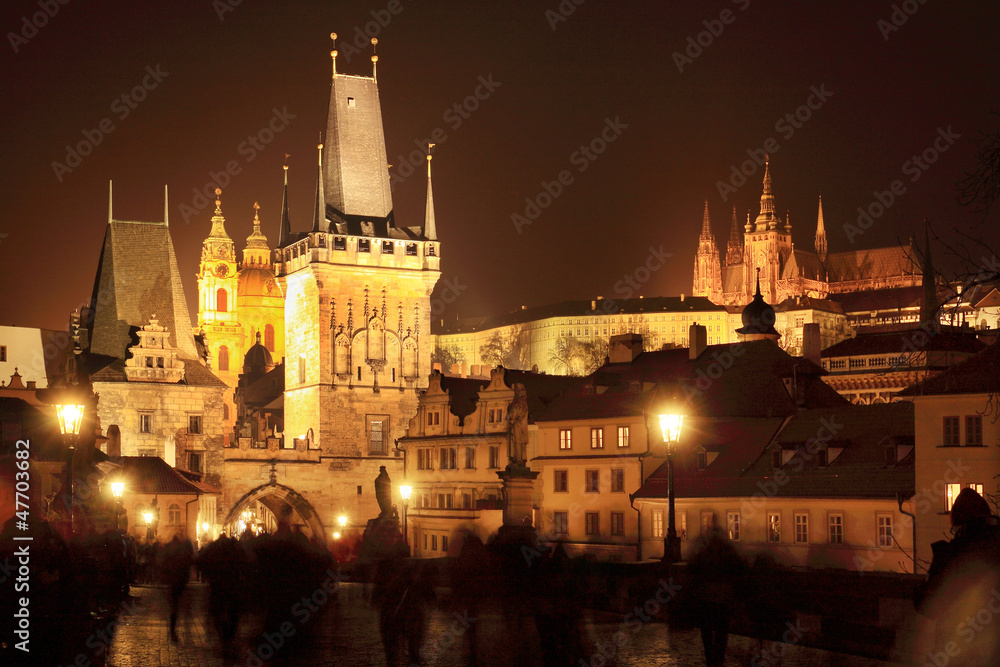 Night Prague gothic Castle with Prague Lesser Town