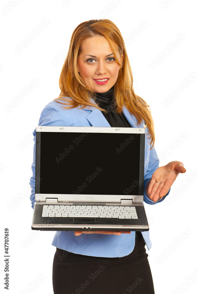 Business woman showing laptop screen Business woman showing laptop screen