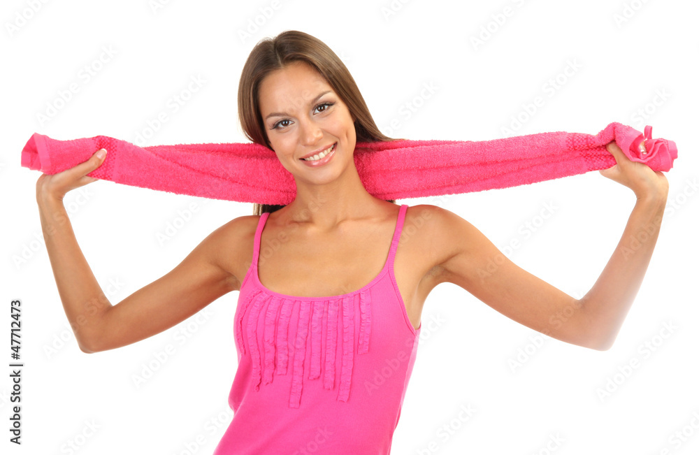 young smiling woman with towel isolated on white young smiling woman with towel isolated on white