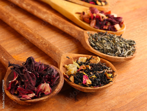 assortment of dry tea in spoons, on wooden background