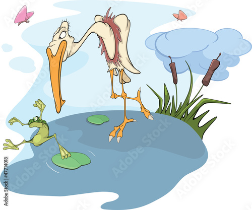 Heron and frog. Cartoon