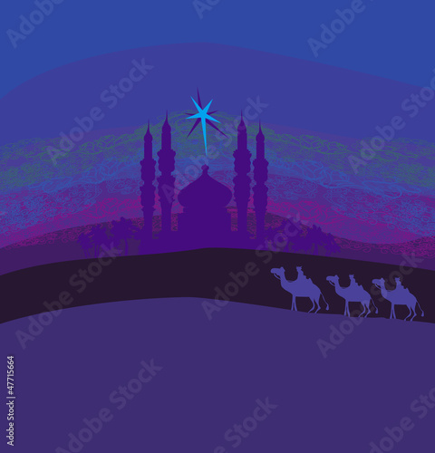 Classic three magic scene and shining star of Bethlehem, vector