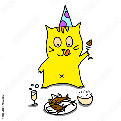 hand-drawn cartoon cat relax dining party