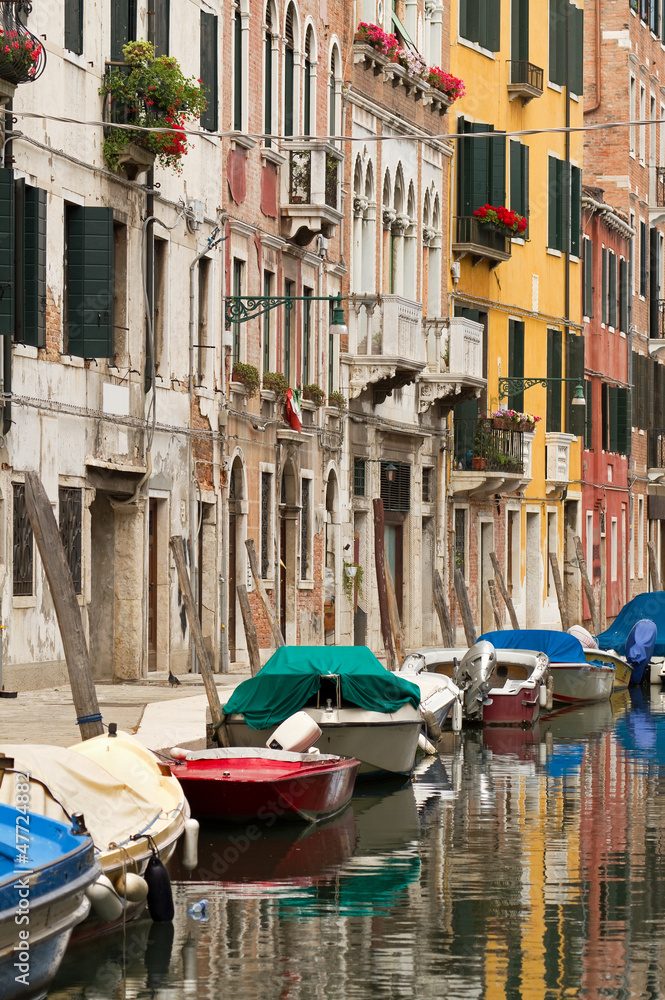 Canal, boats and buildings in Venice.