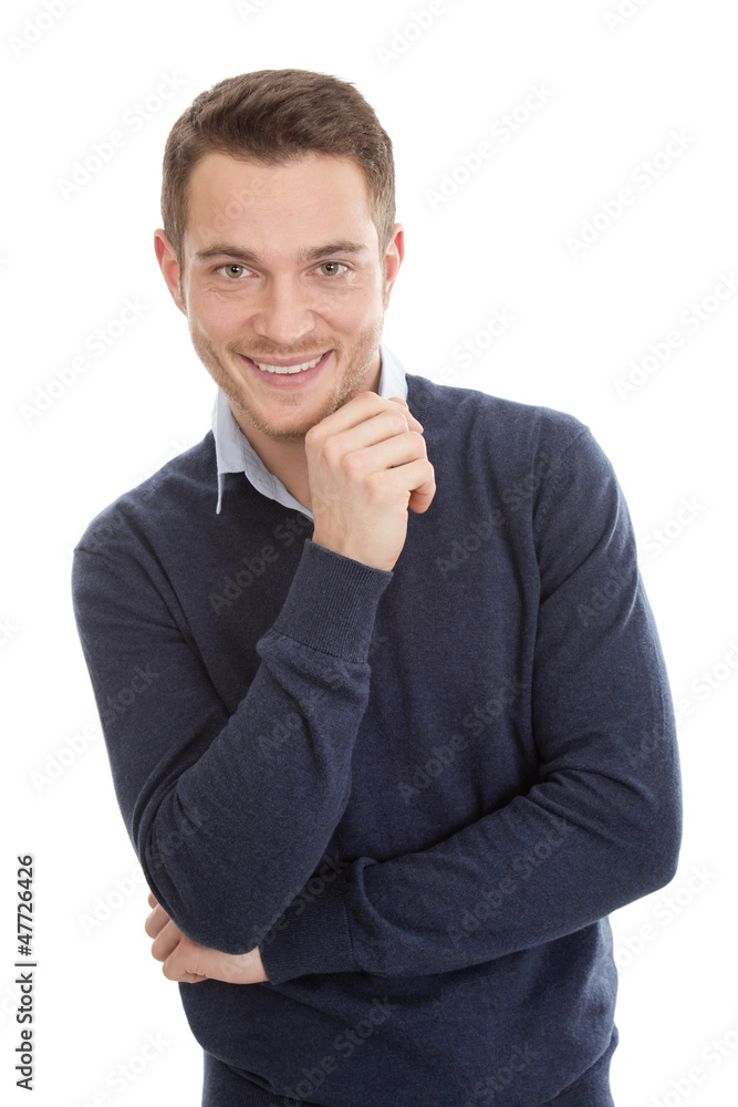 Attraktiver Mann mit Pulli und Hemd in Blau isoliert Attraktiver Mann mit Pulli und Hemd in Blau isoliert