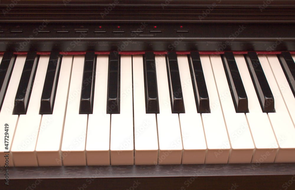 Electronic synthesizer keyboard with control buttons closeup Electronic synthesizer keyboard with control buttons closeup