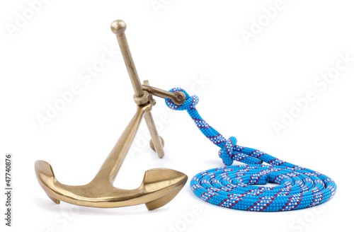 old marine anchor and blue rope isolated on white