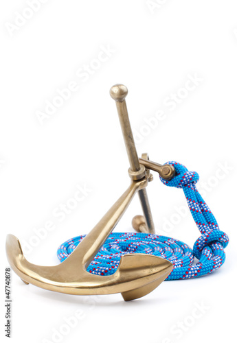 old marine anchor and blue rope isolated on white