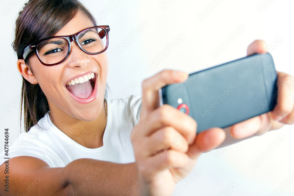 Cute brunette woman taking photo of herself Cute brunette woman taking photo of herself