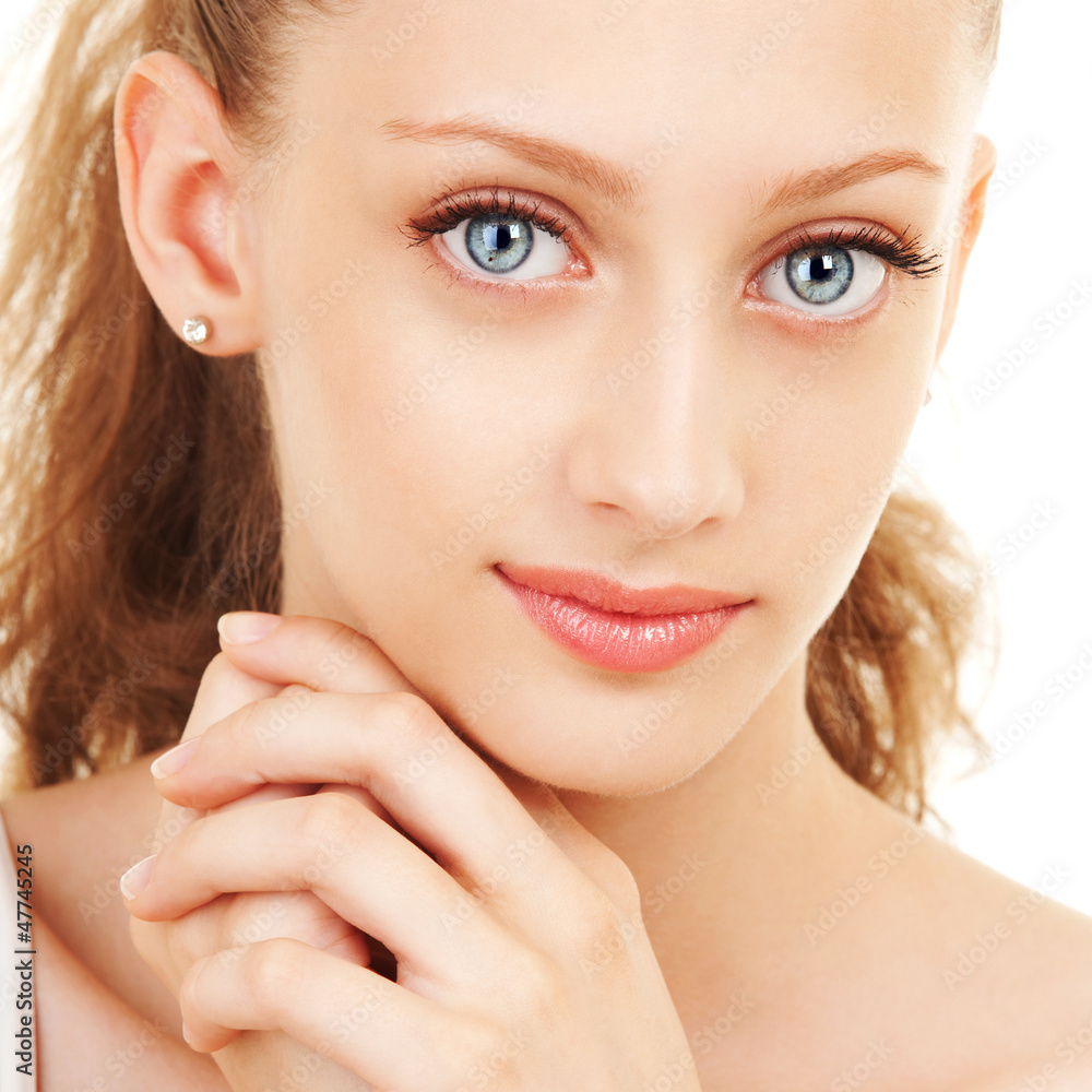 Portrait of young beautiful woman on white background Portrait of young beautiful woman on white background