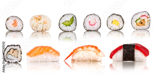  Sushi pieces collection, isolated on white background