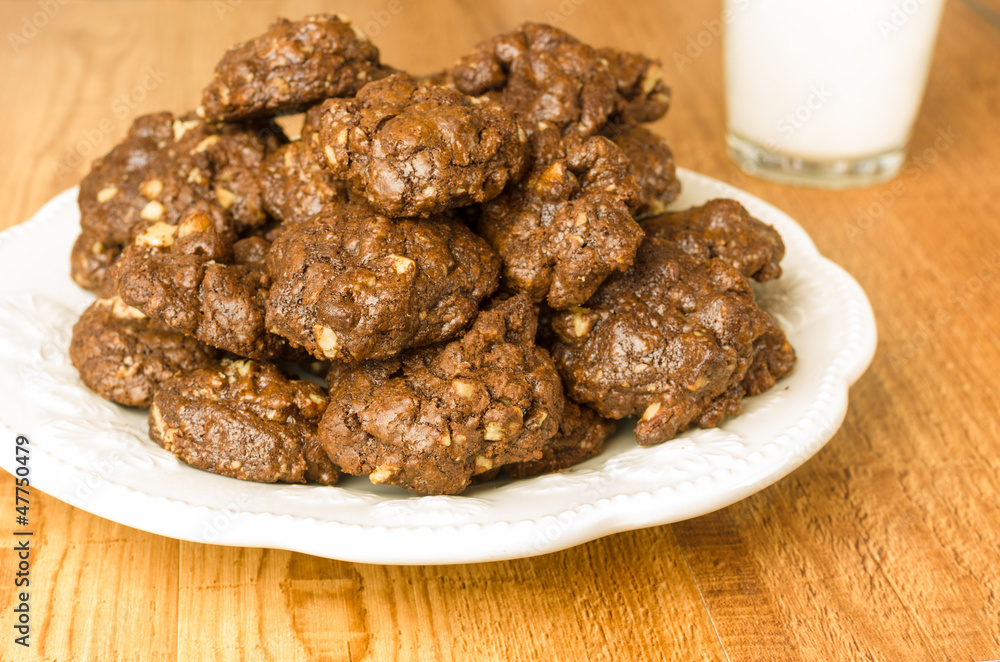 Plate of chocolate cookies on white plate Plate of chocolate cookies on white plate