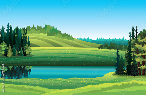 Summer landscape with lake and forest