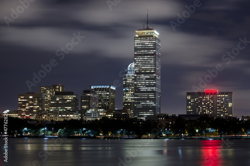 Boston skyline on a cloudy night. Charles River in foreground.