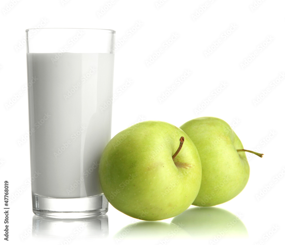 Glass of kefir and green apples, isolated on white Glass of kefir and green apples, isolated on white