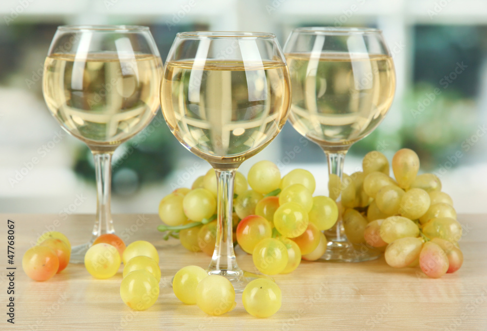 White wine in glass on window background