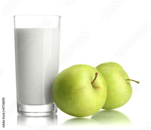 Glass of kefir and green apples, isolated on white