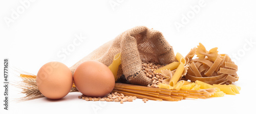 pasta assortment and ingredients isolated on white background