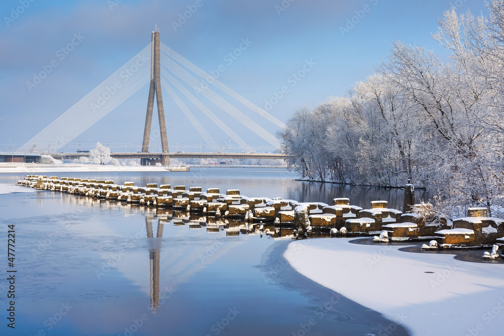 Fototapeta premium Winter view of the Shroud Bridge in Riga, Latvia