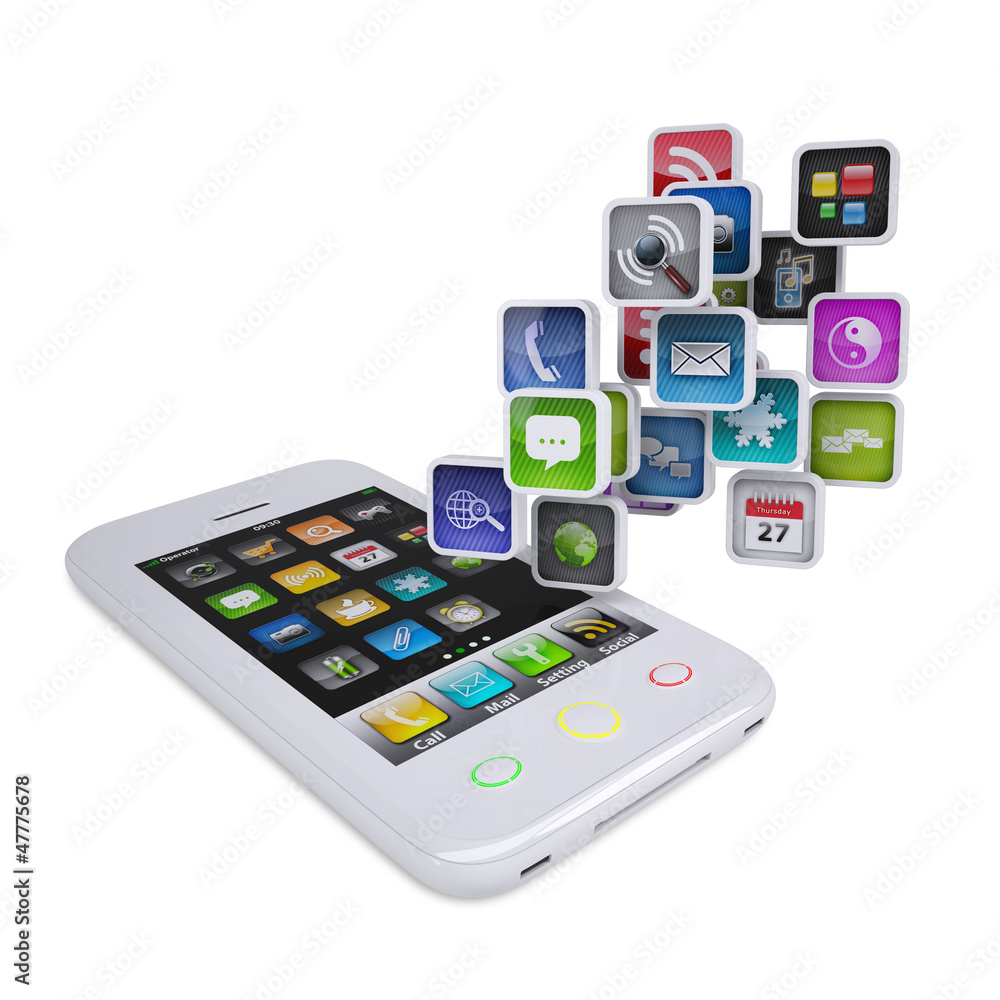 White smartphone with application icons
