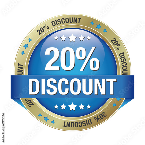 20 discount blue gold button isolated background photo