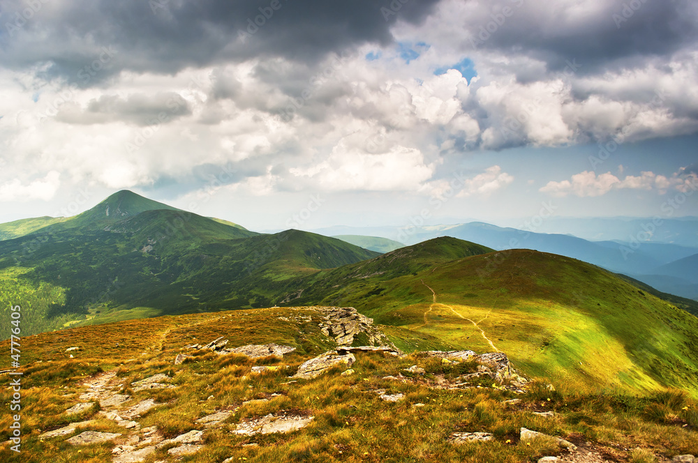 Clouds over summer Carpathian Mountains. Chornogora Ridge