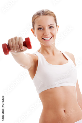 beautiful woman holding dumbbell