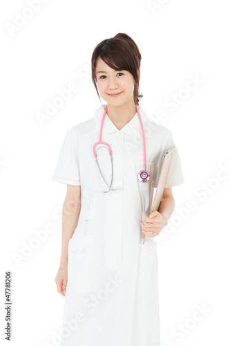 Beautiful asian nurse on white background