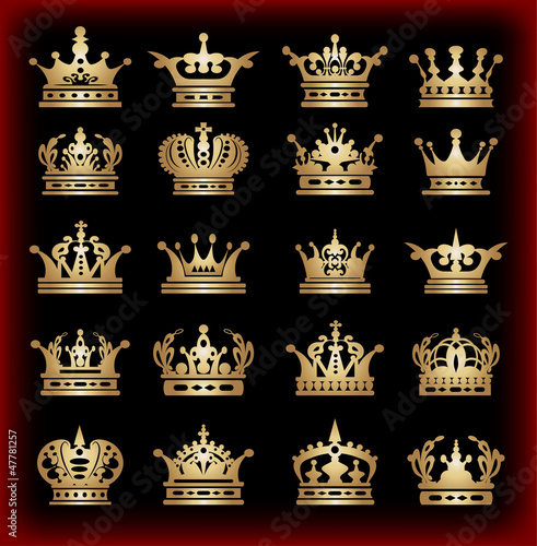 Gold crowns on black. Golden elegant crown for your design. Vintage isolated symbols. Vector illustration set