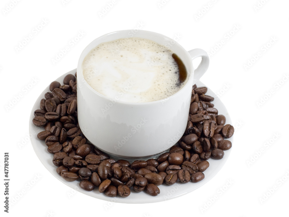 Cup of hot coffee and grains of coffee. Isolated. Cup of hot coffee and grains of coffee. Isolated.