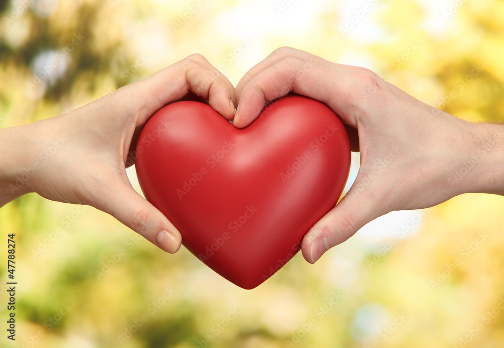 Red heart in woman and man hands, on green background Red heart in woman and man hands, on green background