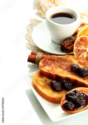 White bread toast with jam and cup of coffee, isolated on white